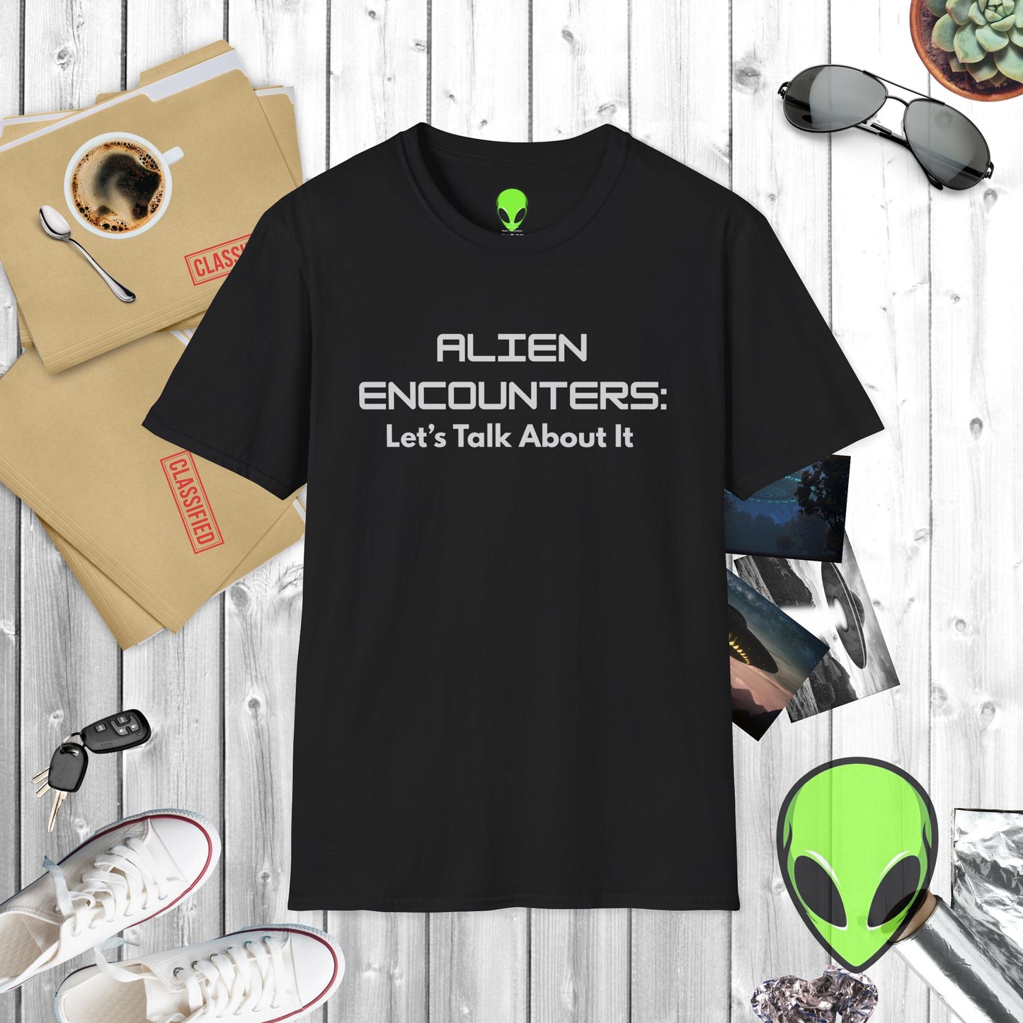 Alien Encounters Unisex T-Shirt – Let's Talk About It – Softstyle Tee for UFO Enthusiasts