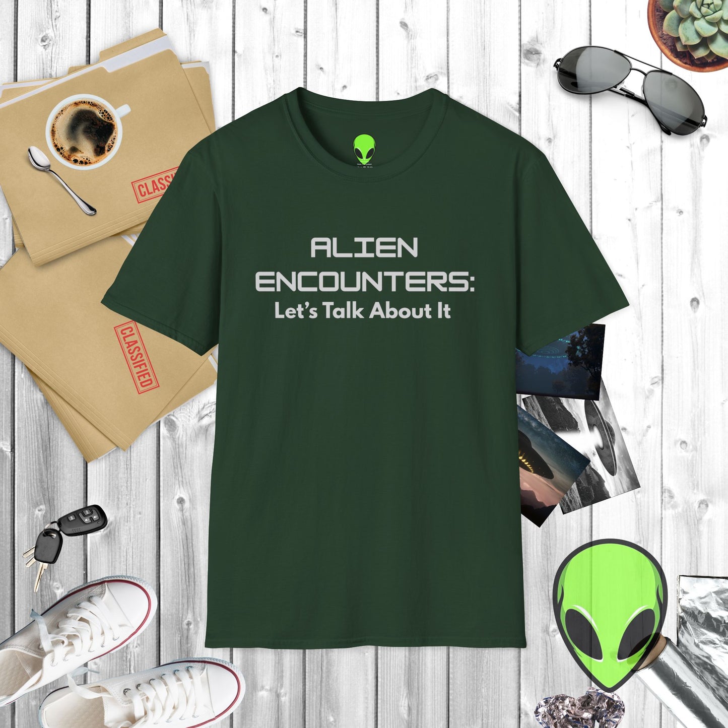 Alien Encounters Unisex T-Shirt – Let's Talk About It – Softstyle Tee for UFO Enthusiasts