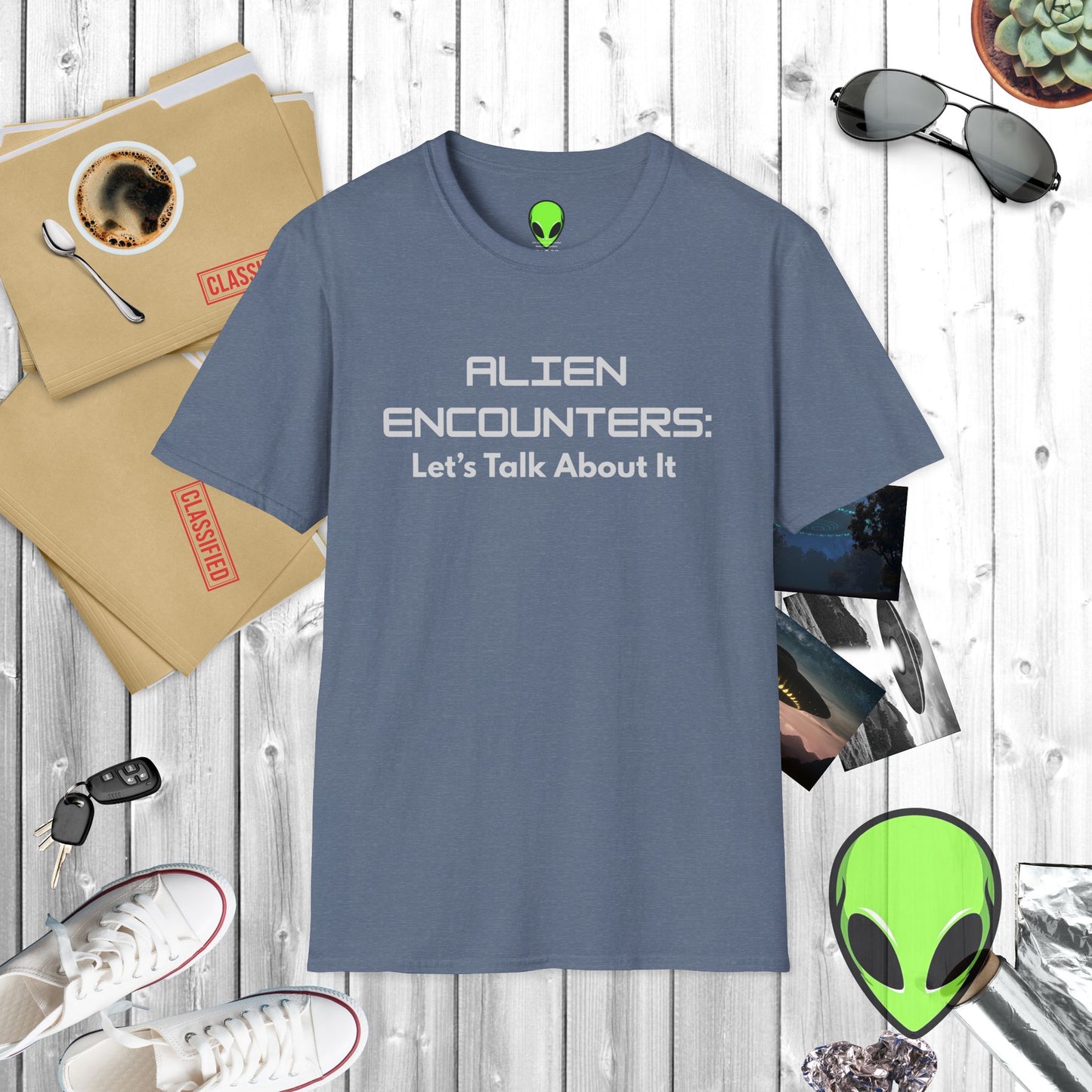 Alien Encounters Unisex T-Shirt – Let's Talk About It – Softstyle Tee for UFO Enthusiasts