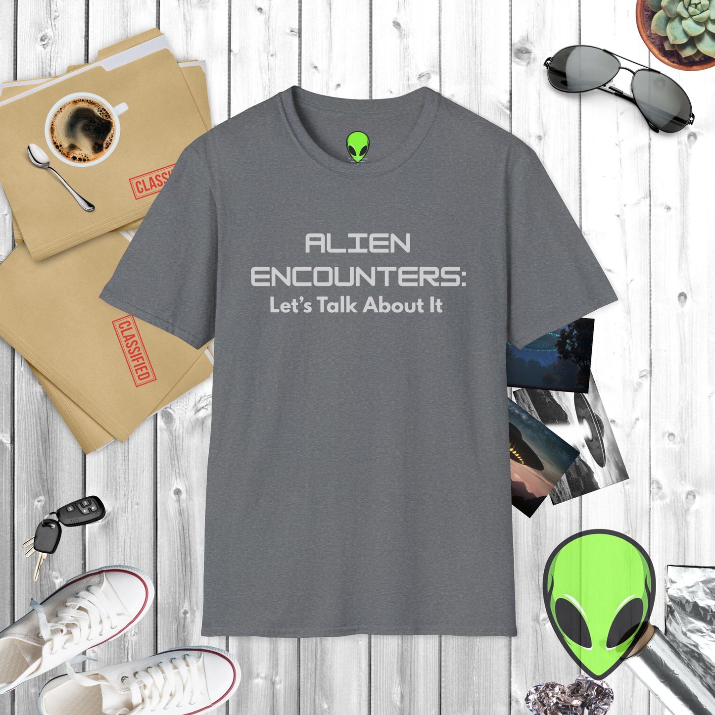 Alien Encounters Unisex T-Shirt – Let's Talk About It – Softstyle Tee for UFO Enthusiasts