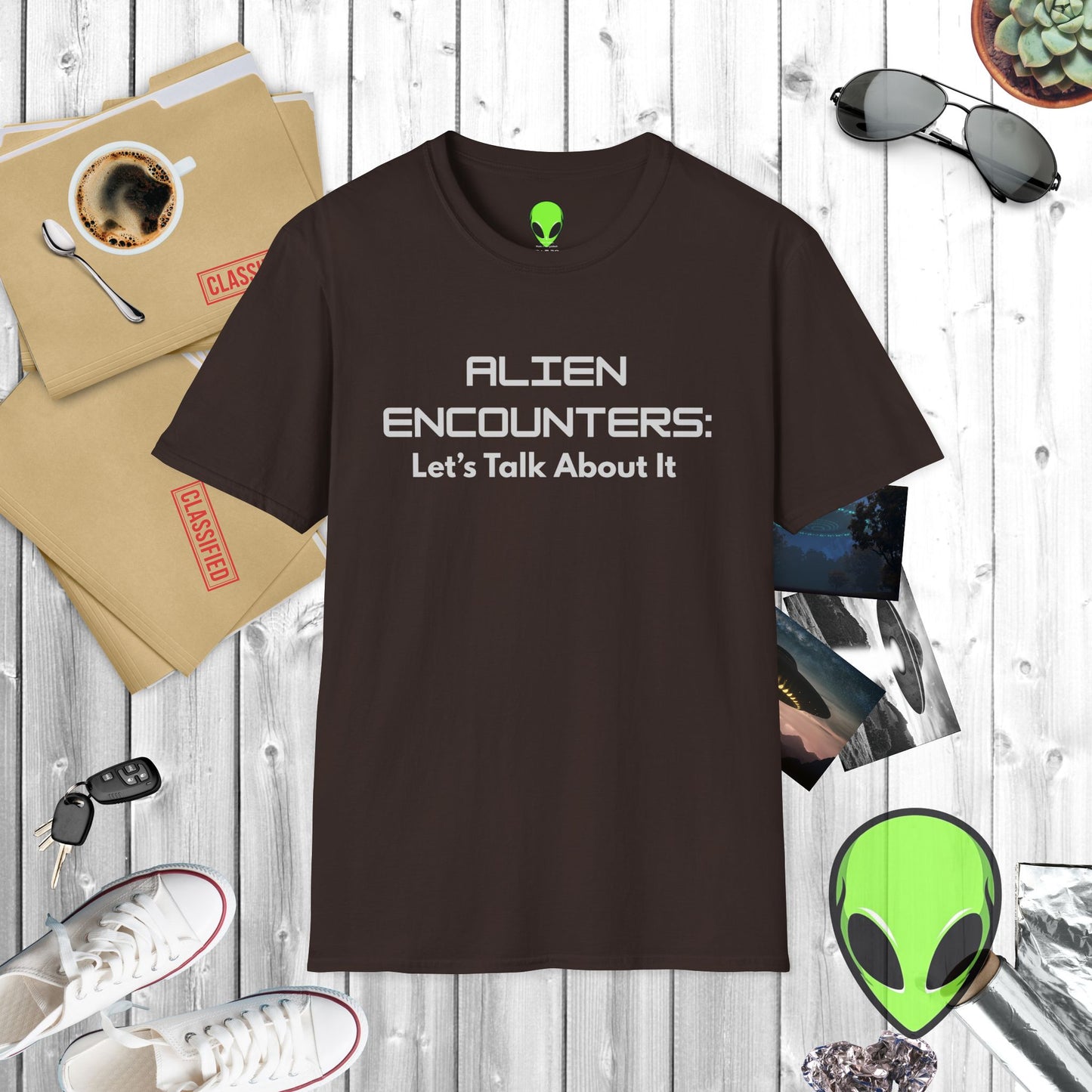 Alien Encounters Unisex T-Shirt – Let's Talk About It – Softstyle Tee for UFO Enthusiasts