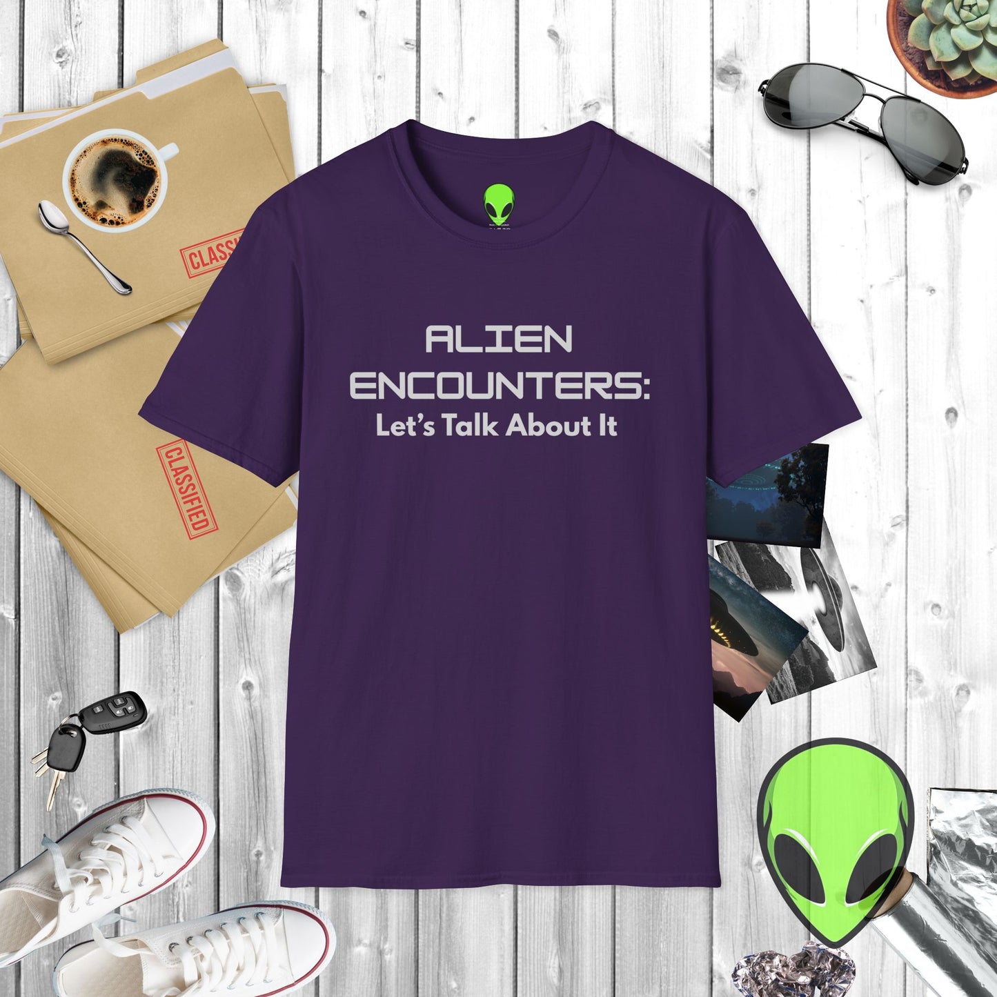 Alien Encounters Unisex T-Shirt – Let's Talk About It – Softstyle Tee for UFO Enthusiasts