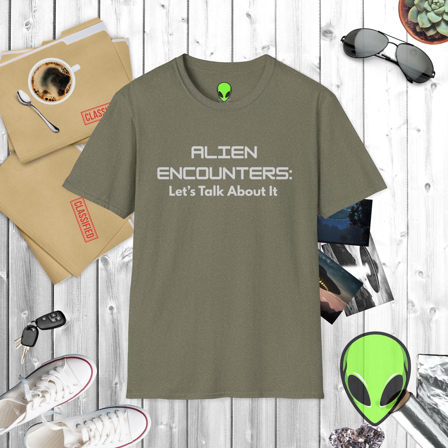 Alien Encounters Unisex T-Shirt – Let's Talk About It – Softstyle Tee for UFO Enthusiasts